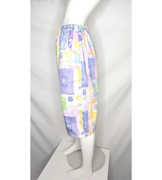Handmade Upcycled Textile Shorts, Vintage Floral Block Print, Stretch Waist Bermuda