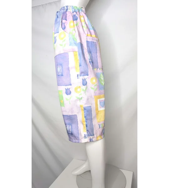 Handmade Upcycled Textile Shorts, Vintage Floral Block Print, Stretch Waist Bermuda