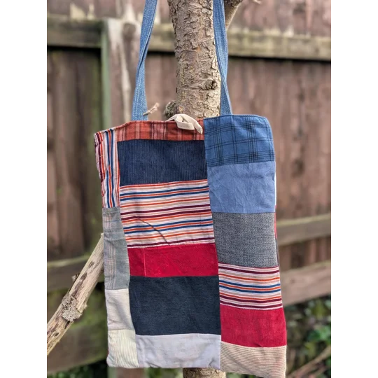 Handmade Patchwork Tote Bag: Upcycled Corduroy & Denim Shopper