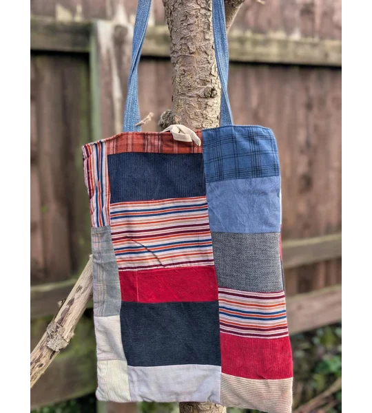 Handmade Patchwork Tote Bag: Upcycled Corduroy & Denim Shopper