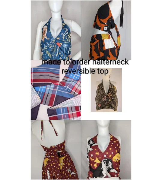 Made to order halterneck reversible top. Tie back and neck.