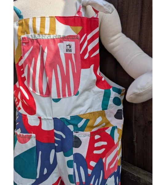 Bright patterns kids dungarees: Upcycled and Reworked childrens clothing-Age 7-8 Years