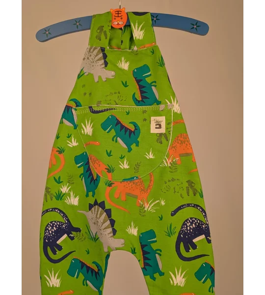 Dinosaur Baby Dungarees Romper: Upcycled Sustainable Baby Clothing (9-12m)