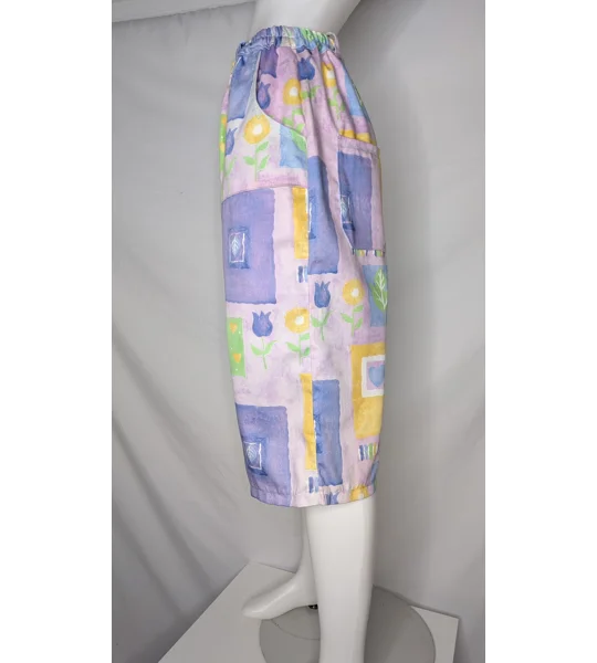 Handmade Upcycled Textile Shorts, Vintage Floral Block Print, Stretch Waist Bermuda