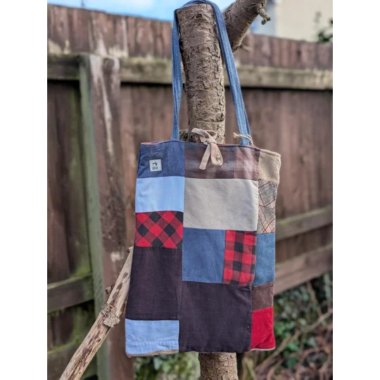 Handmade Patchwork Tote Bag: Upcycled Corduroy & Denim Shopper