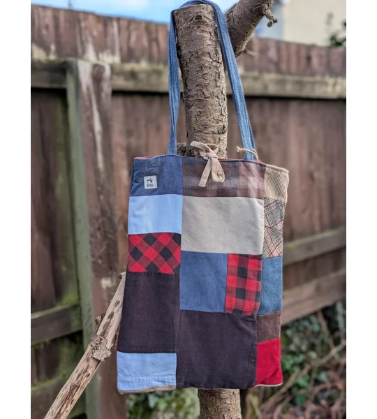 Handmade Patchwork Tote Bag: Upcycled Corduroy & Denim Shopper