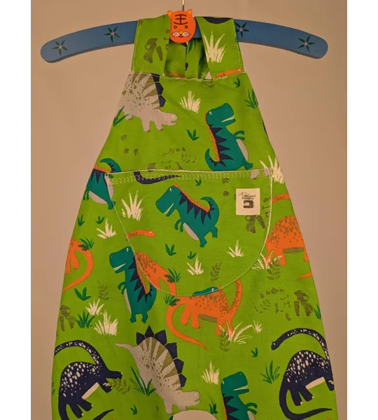 Dinosaur Baby Dungarees Romper: Upcycled Sustainable Baby Clothing (9-12m)