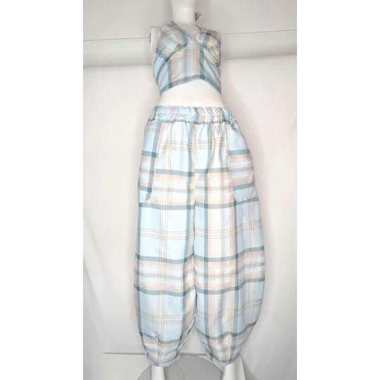 Reworked barrel Leg Trousers: Size 18 summer mist check