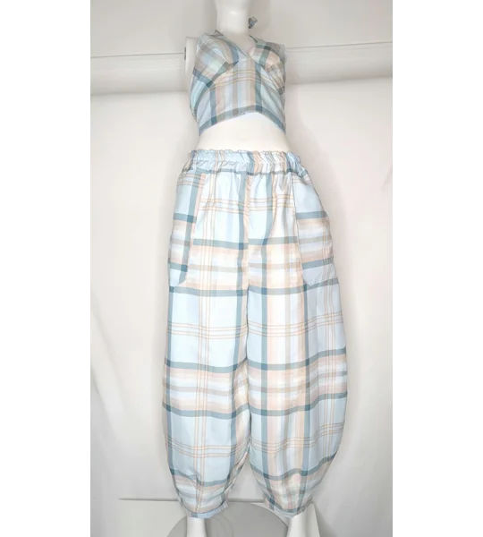 Reworked barrel Leg Trousers: Size 18 summer mist check