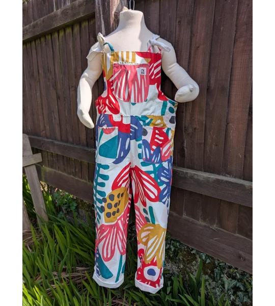 Bright patterns kids dungarees: Upcycled and Reworked childrens clothing-Age 7-8 Years