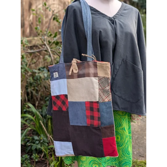 Handmade Patchwork Tote Bag: Upcycled Corduroy & Denim Shopper