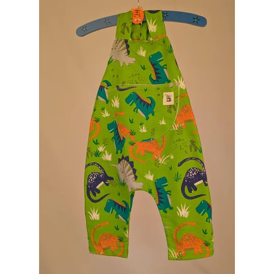 Dinosaur Baby Dungarees Romper: Upcycled Sustainable Baby Clothing (9-12m)