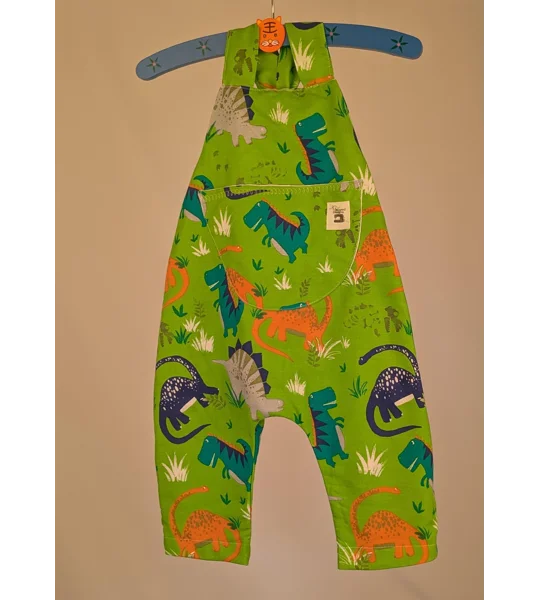 Dinosaur Baby Dungarees Romper: Upcycled Sustainable Baby Clothing (9-12m)