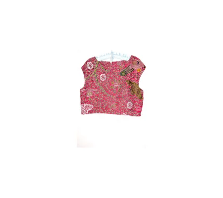 Crop t-shirt style top: fushia peacock ethnic pattern, Size 18