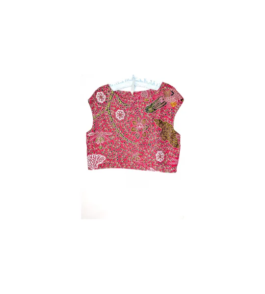 Crop t-shirt style top: fushia peacock ethnic pattern, Size 18