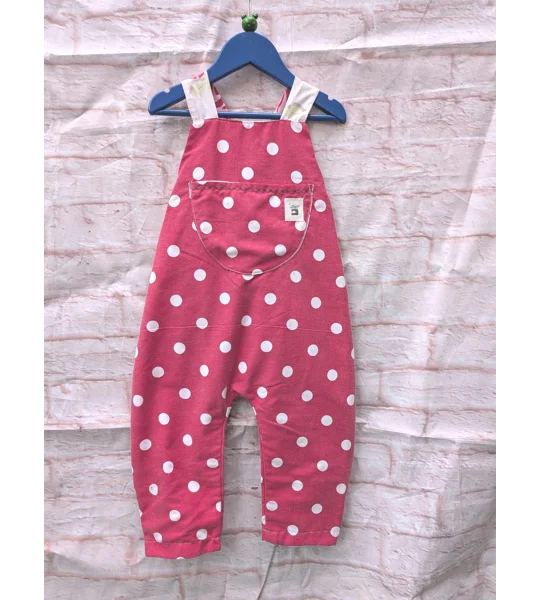 Red Spotted Baby Dungarees: Upcycled Sleeveless Kids Romper (Age 3-4yrs)