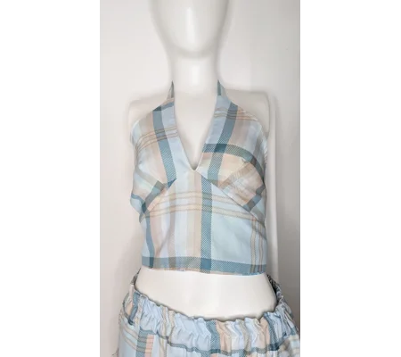 Reversible Cropped Halter Top: summer mist check