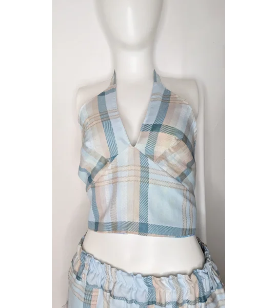 Reversible Cropped Halter Top: summer mist check