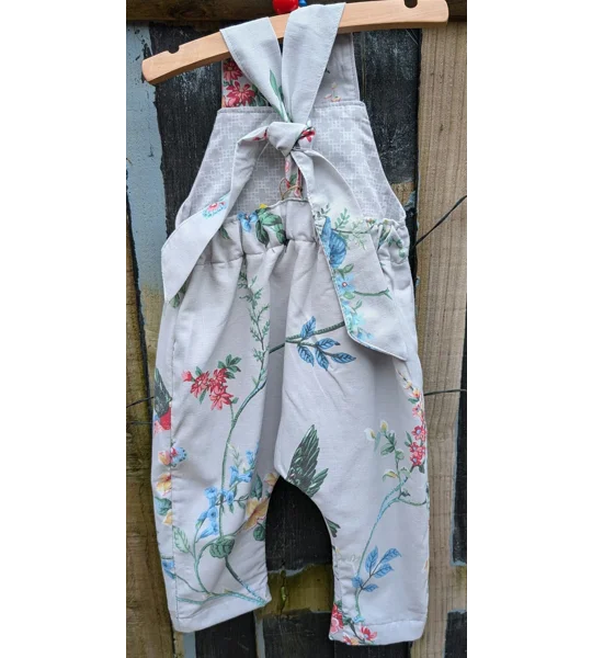 Baby Dungarees age 3-6m grey floral and birds, zero waste
