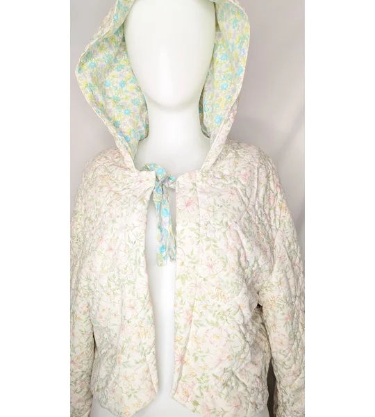Handmade Vintage Textile Quilted Jacket: Ditsy Floral, Fairy Hood, Size 18