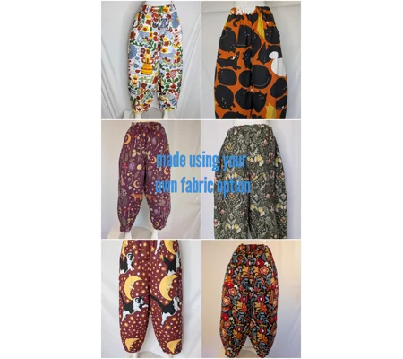 Made to order barrel legs trousers, 'using buyers fabric 'baggy fit, stretch waist, four deep pocket
