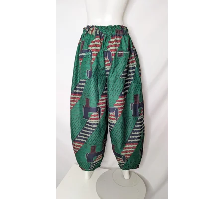 Barrel Leg Trousers: Size 18 ethnic sewing lover print green