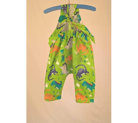 Dinosaur Baby Dungarees Romper: Upcycled Sustainable Baby Clothing (9-12m)