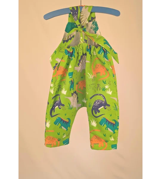 Dinosaur Baby Dungarees Romper: Upcycled Sustainable Baby Clothing (9-12m)