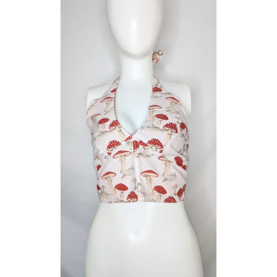 Reversible Cropped Halter Top: whimsical mushroom