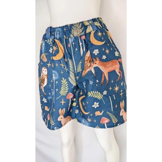 Wide Leg shorts: Size 14 mystical woodland Print owl, reworked upcycled textiles