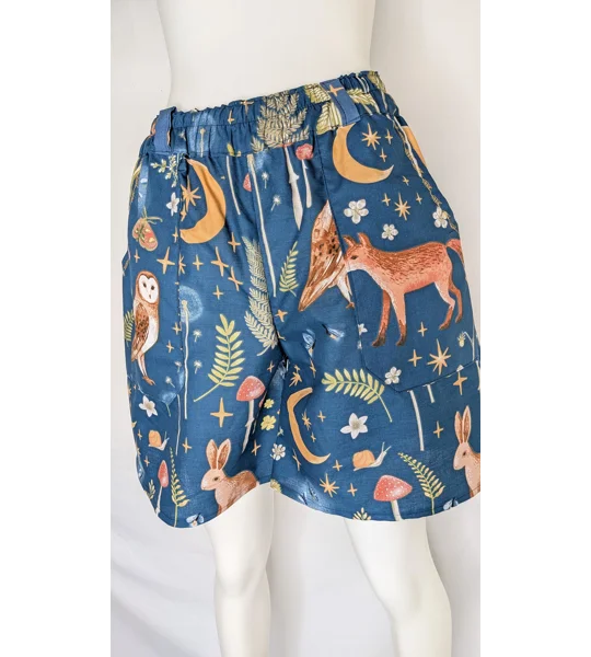 Wide Leg shorts: Size 14 mystical woodland Print owl, reworked upcycled textiles