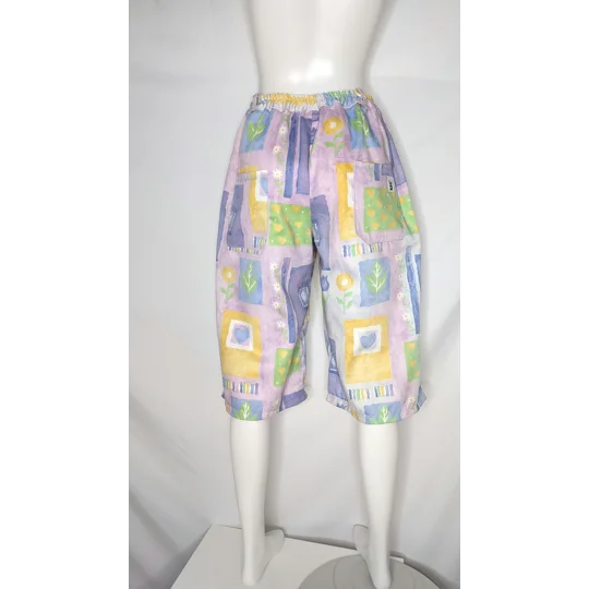 Handmade Upcycled Textile Shorts, Vintage Floral Block Print, Stretch Waist Bermuda