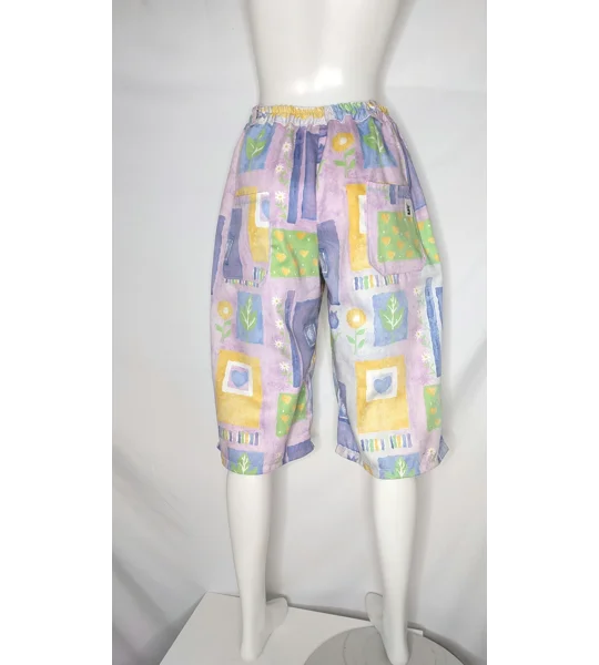 Handmade Upcycled Textile Shorts, Vintage Floral Block Print, Stretch Waist Bermuda