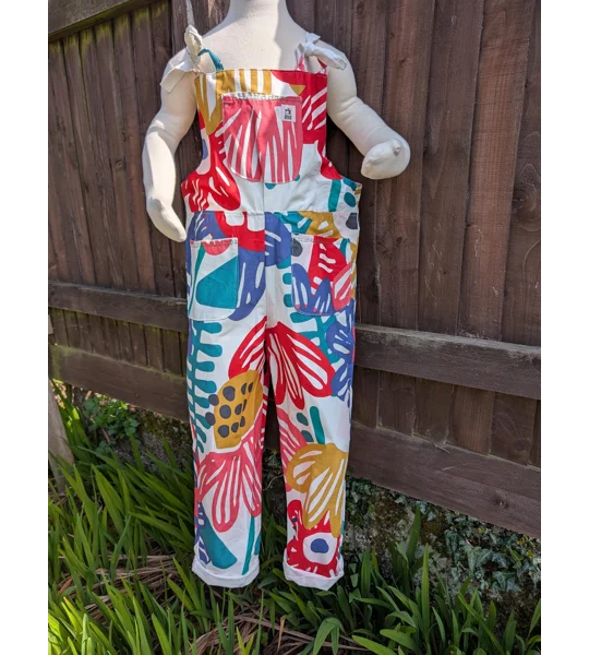 Bright patterns kids dungarees: Upcycled and Reworked childrens clothing-Age 7-8 Years