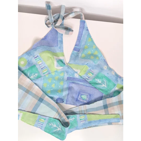 Reversible Cropped Halter Top: summer mist check