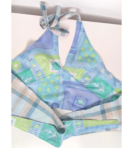 Reversible Cropped Halter Top: summer mist check