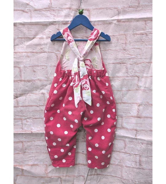 Red Spotted Baby Dungarees: Upcycled Sleeveless Kids Romper (Age 3-4yrs)