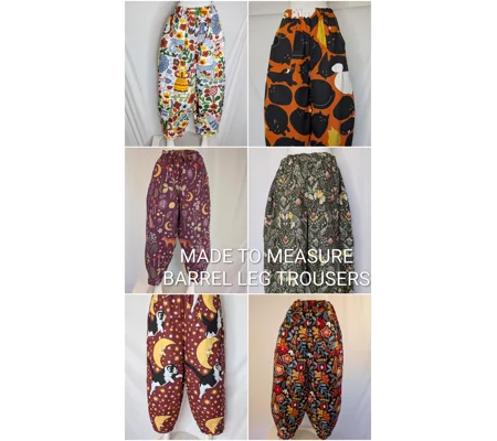 Made to order barrel legs trousers, baggy fit, stretch waist, four deep pockets
