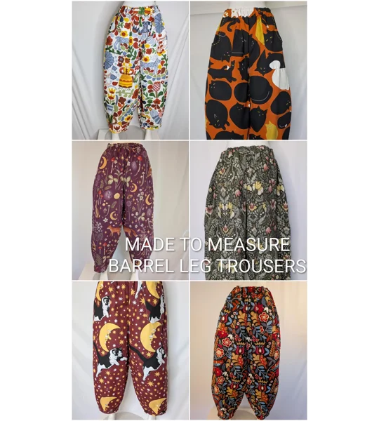 Made to order barrel legs trousers, baggy fit, stretch waist, four deep pockets