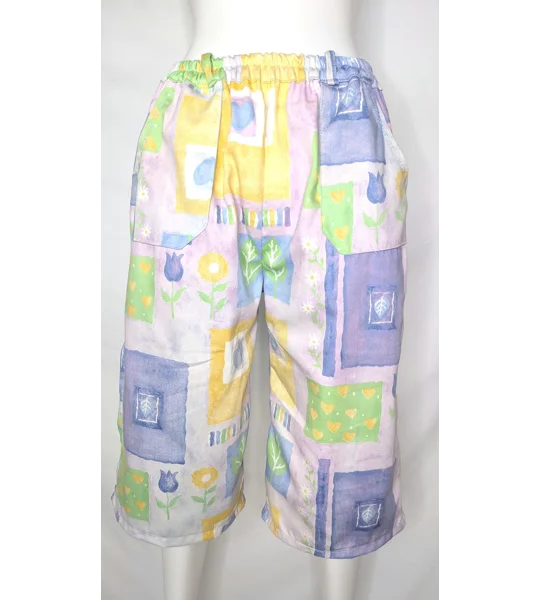 Handmade Upcycled Textile Shorts, Vintage Floral Block Print, Stretch Waist Bermuda