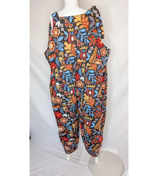 Tie Top Dungarees, Floral Print Cotton Overalls, Size 20
