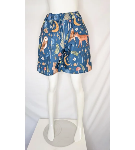 Wide Leg shorts: Size 14 mystical woodland Print owl, reworked upcycled textiles