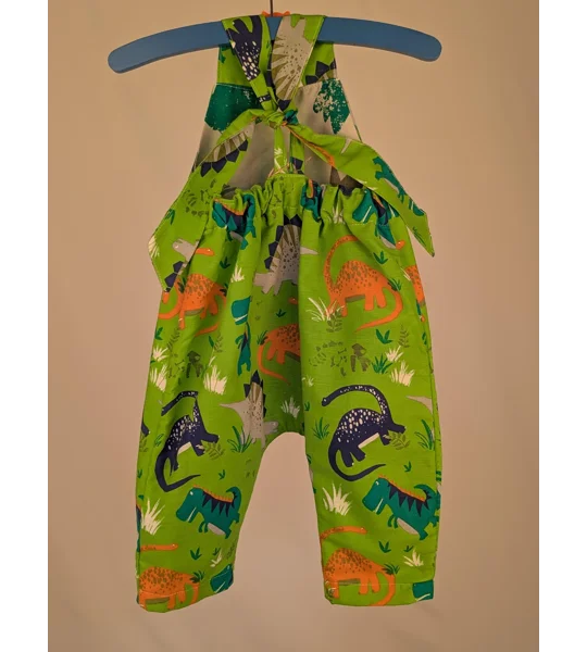 Dinosaur Baby Dungarees Romper: Upcycled Sustainable Baby Clothing (9-12m)