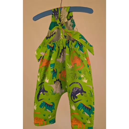 Dinosaur Baby Dungarees Romper: Upcycled Sustainable Baby Clothing (9-12m)