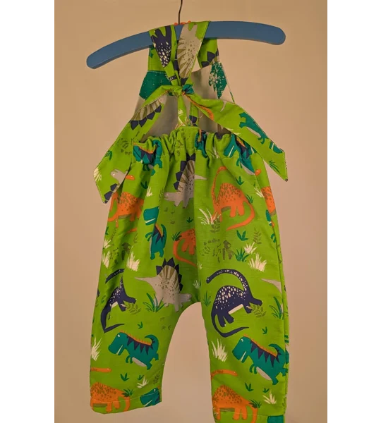 Dinosaur Baby Dungarees Romper: Upcycled Sustainable Baby Clothing (9-12m)