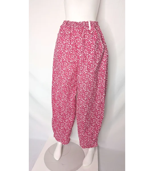 Reworked Barrel Leg Trousers: Fuchsia Floral Cotton Blend, Size 14