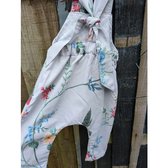 Baby Dungarees age 3-6m grey floral and birds, zero waste