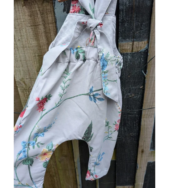 Baby Dungarees age 3-6m grey floral and birds, zero waste