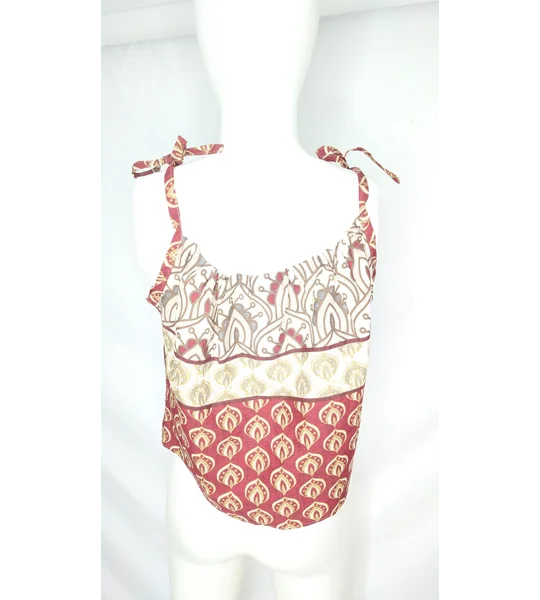 Reworked Cropped Cami Top: Ribbon Straps, Size 12, ethnic fushion