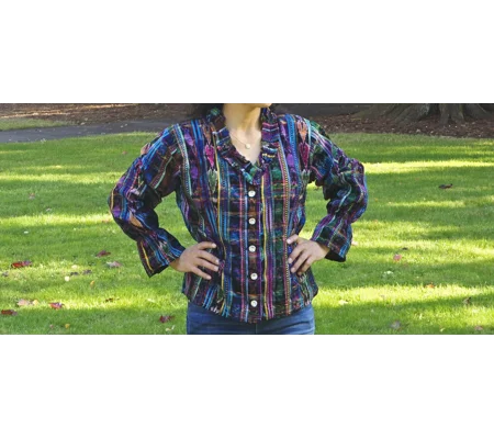 Upcycled Guatemala Long - Sleeve Blouse - Purple Ruffle Design Dark Blue Design
